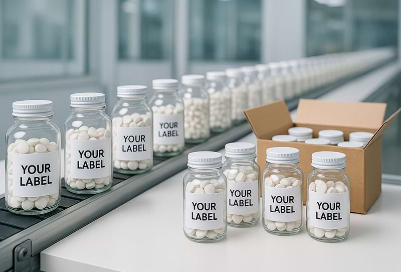 Conveyor packing line for bottled toothpaste tablets private label