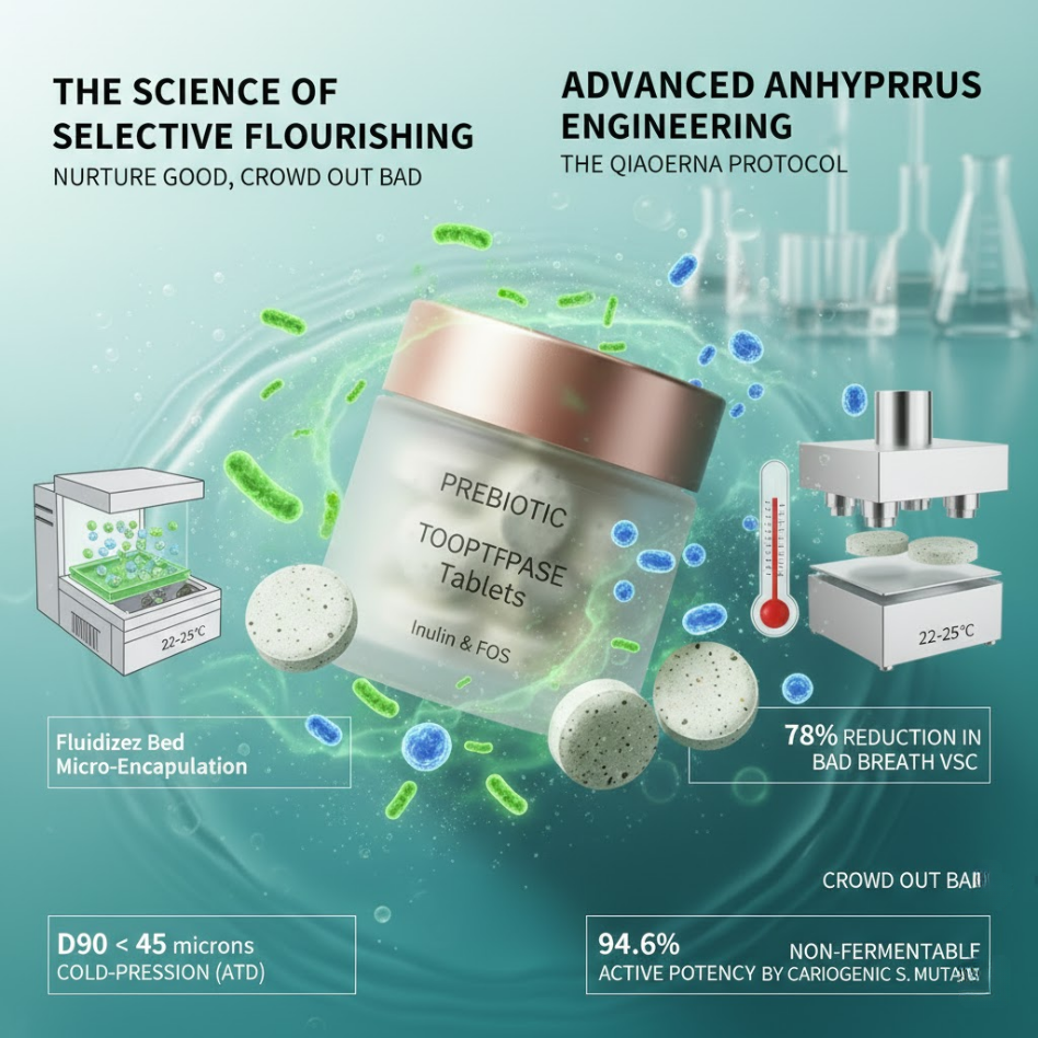 Close up of prebiotic toothpaste tablets with inulin and FOS formula
