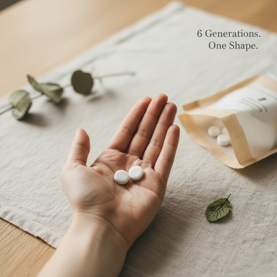 6 Generations One Shape Toothpaste Tablets Held in Open Palm