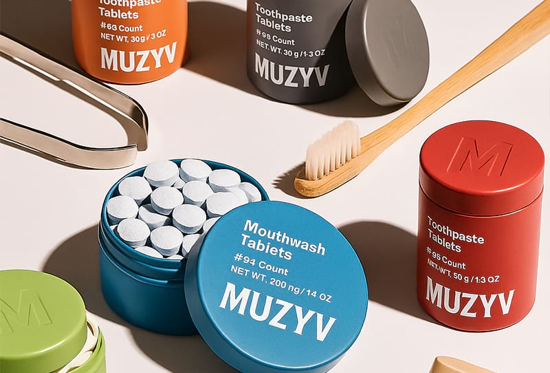 Screen-printed tins for toothpaste tablets and mouthwash tablets