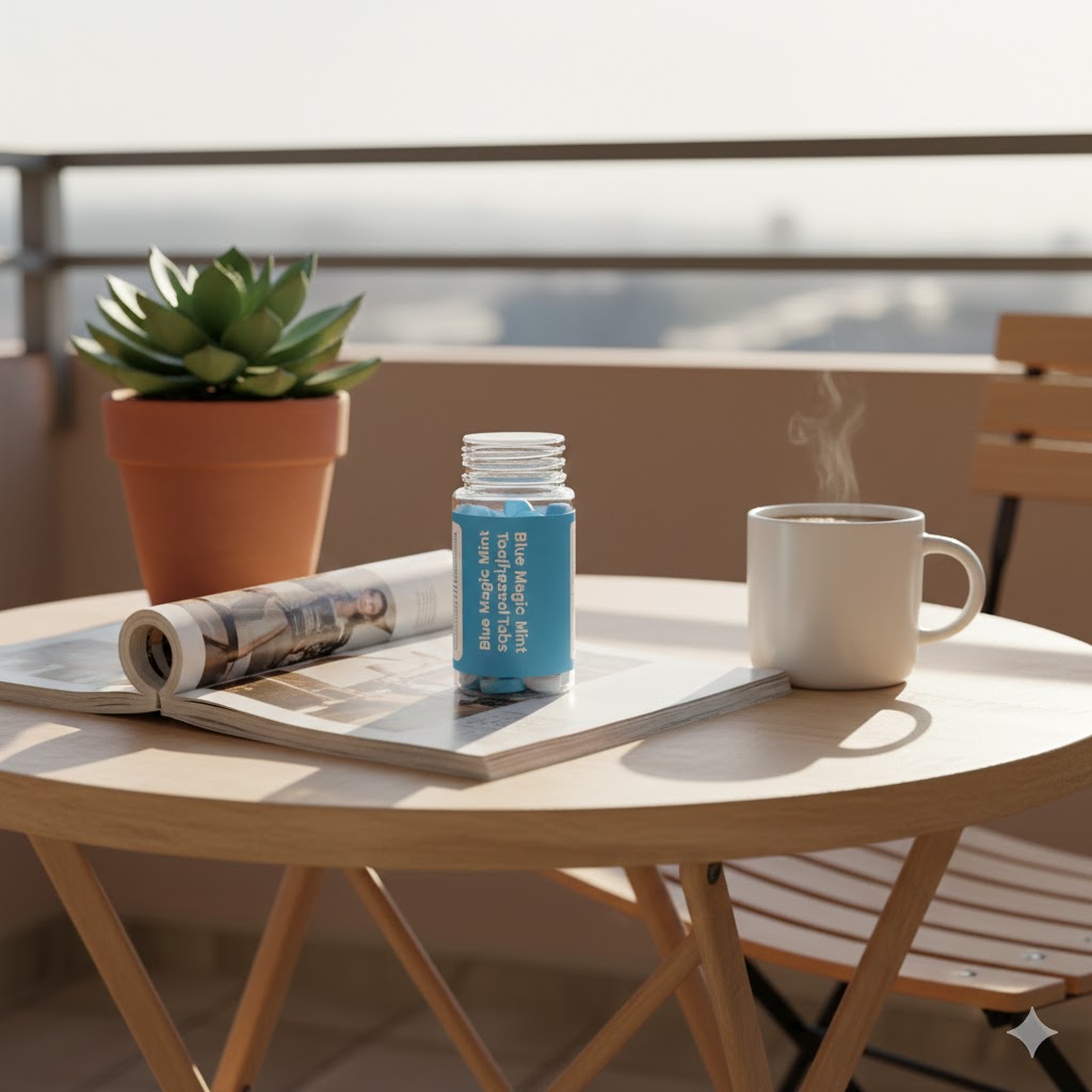 Toothpaste tabs with coffee on balcony