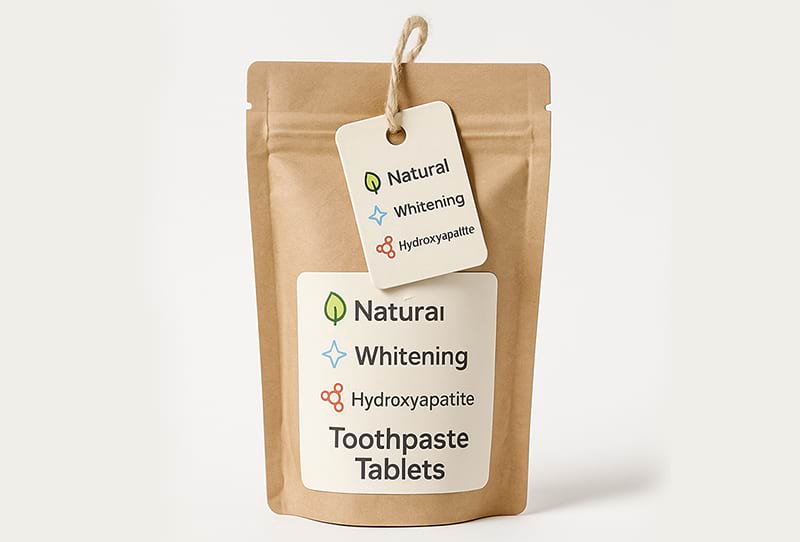 Kraft pouch with custom tags for natural toothpaste tablets brand