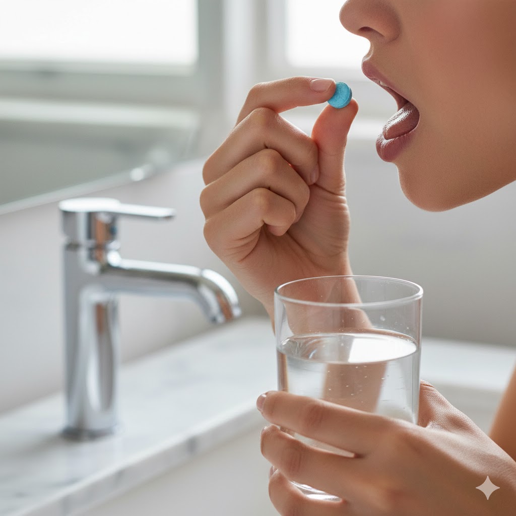 Using mint toothpaste tab at sink
