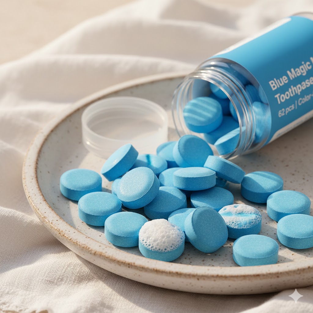 Blue toothpaste tabs in ceramic dish
