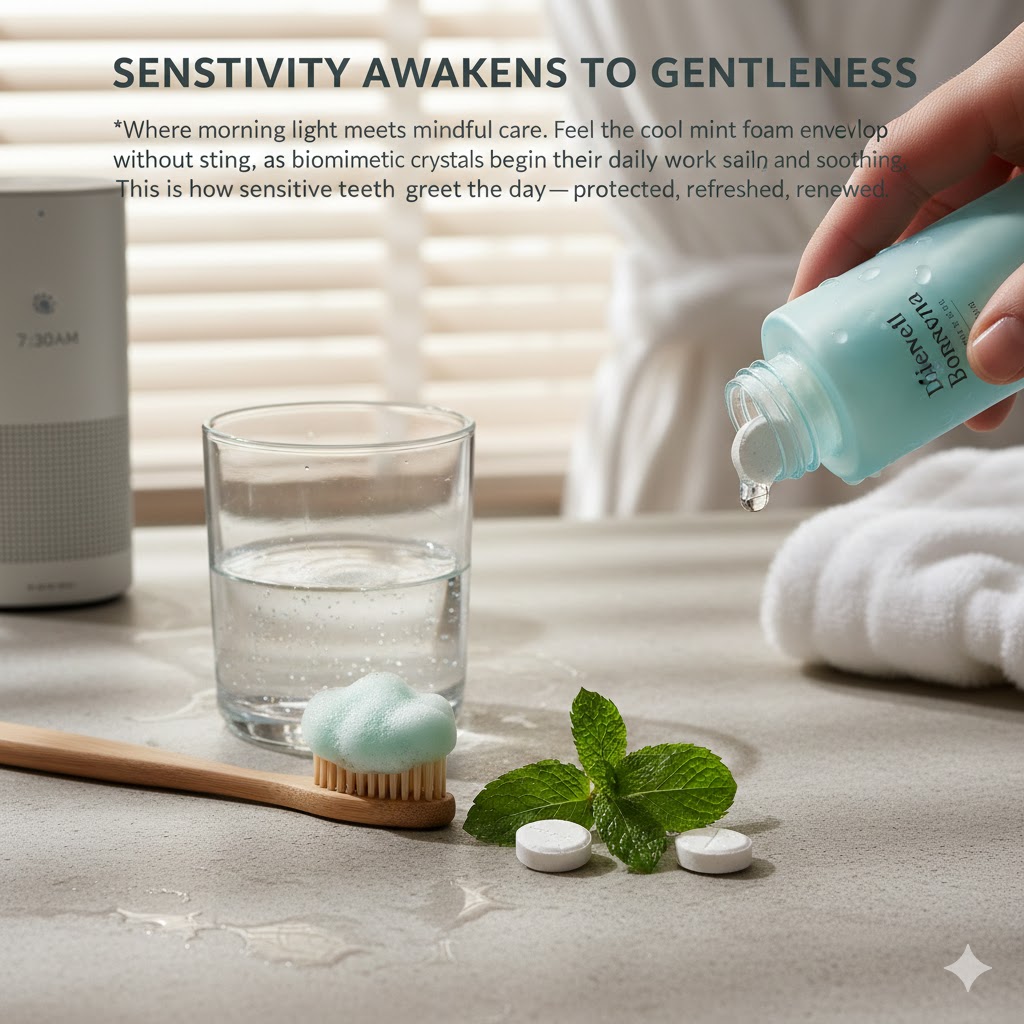 morning oral care routine tablet dissolving foam lifestyle photo