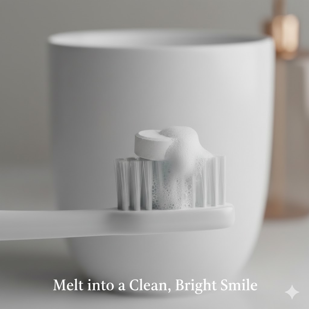 Closeup of natural toothpaste tablets in hand for teeth whitening