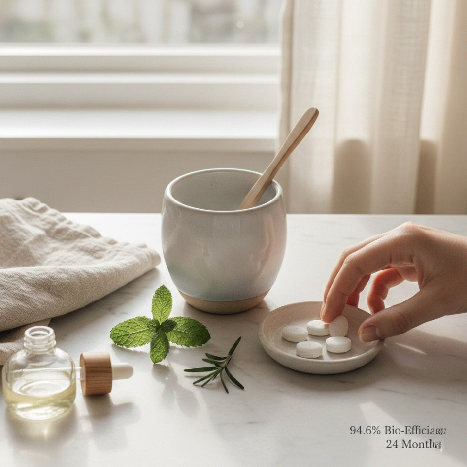 26 Years 6 Generations Toothpaste Tablets on Ceramic Dish by Morning Window