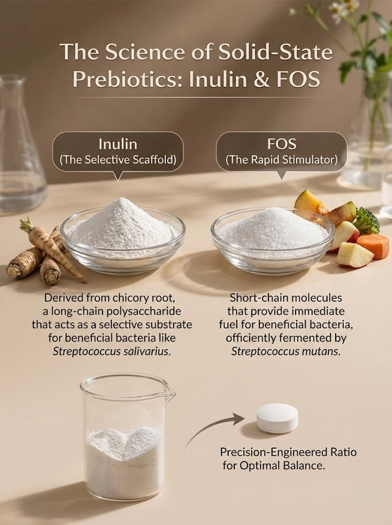 Infographic detailing the science of solid-state prebiotics in QIAOERNA toothpaste tablets