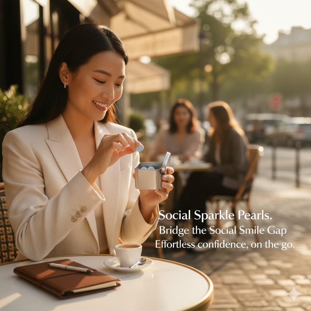 professional woman using social sparkle teeth whitening pearls outside cafe