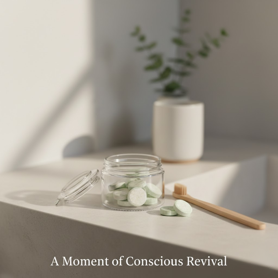 Morning Oral Care Ritual Natural Bathroom Scene With Toothpaste Tablets