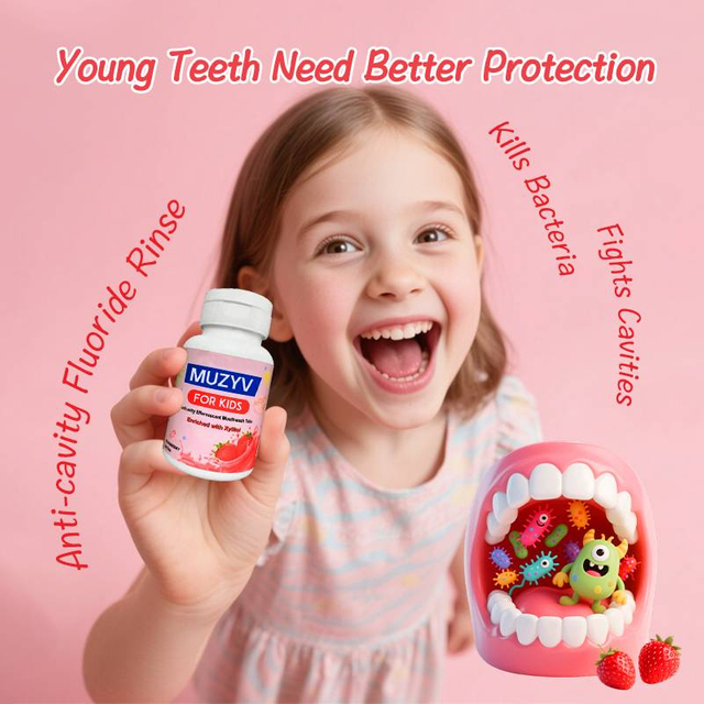 Strawberry Effervescent Mouthwash Tablets Travel-Friendly Oral Rinse for Kids