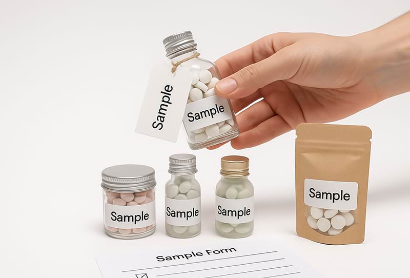 Sample bottles of toothpaste tablets for OEM/ODM brand testing