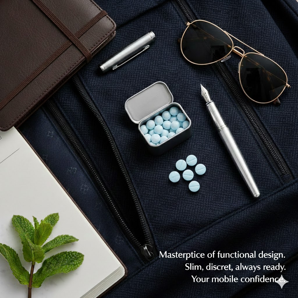 portable whitening pearls case with everyday essentials in leather bag