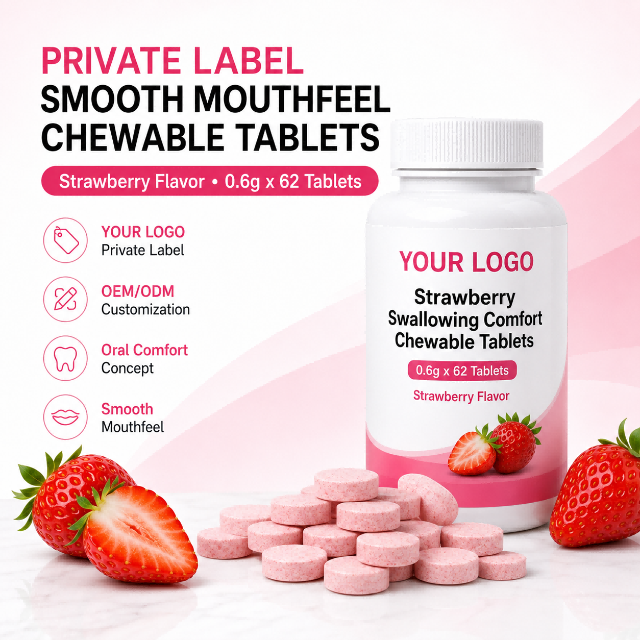 Private Label Strawberry Oral Comfort Chewable Tablets Smooth Mouthfeel Formula OEM ODM Oral Care Manufacturer