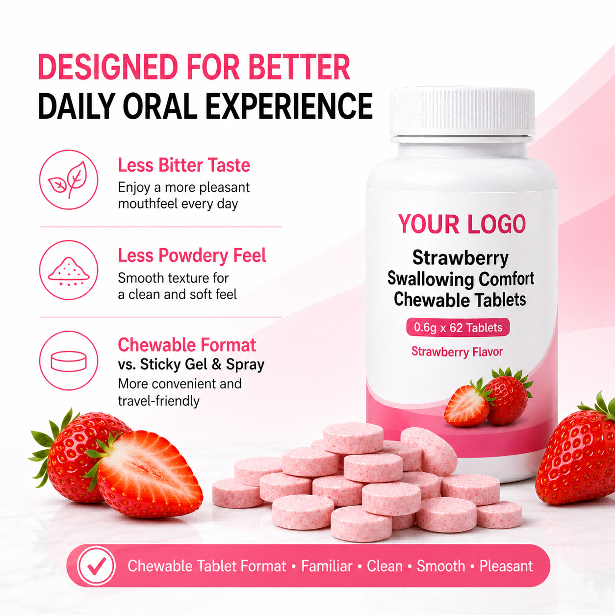 Private Label Strawberry Oral Comfort Chewable Tablets Smooth Mouthfeel Formula OEM ODM Oral Care Manufacturer