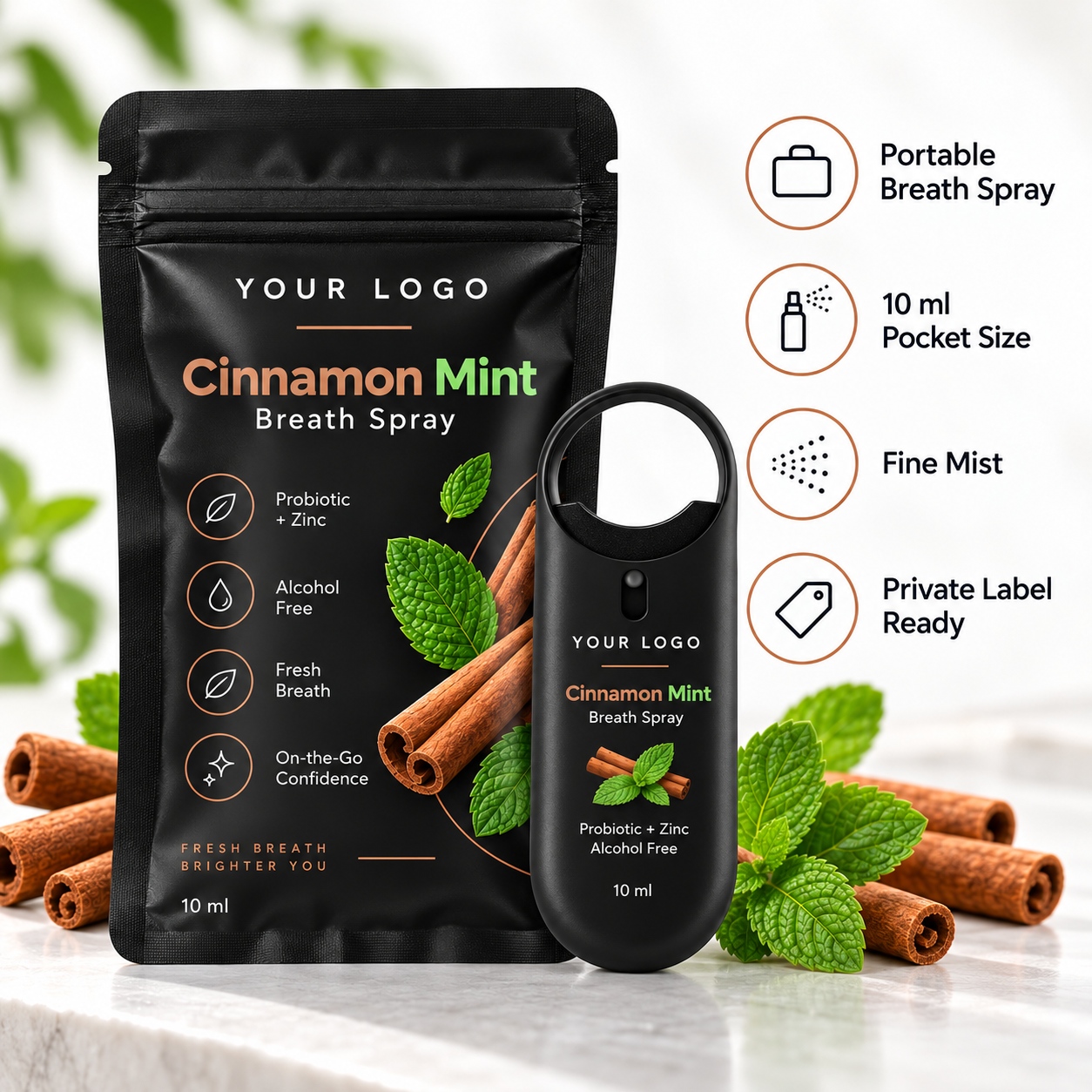 Private Label Cinnamon Mint Breath Spray with Probiotic + Zinc