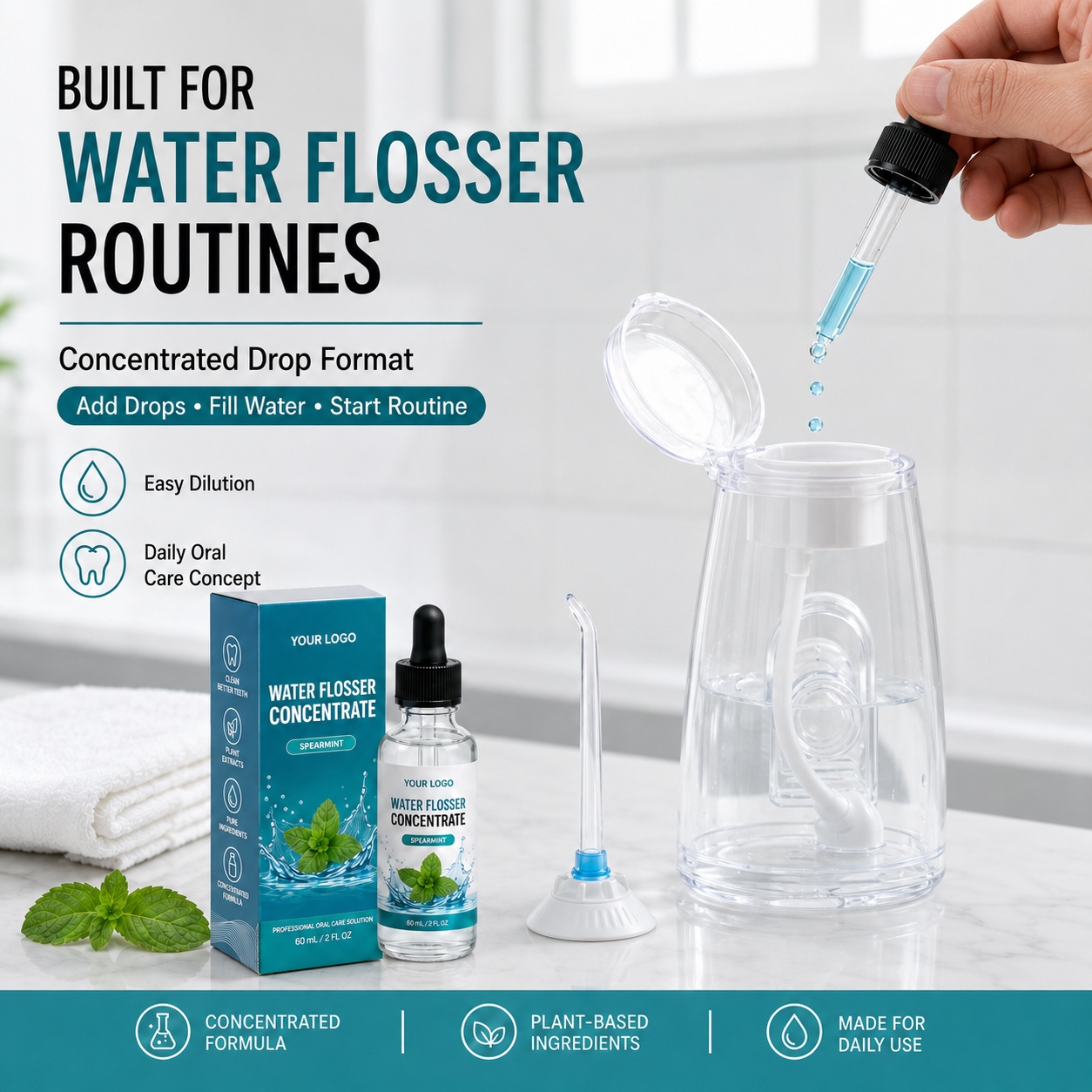 Private Label Concentrated Mouthwash Drops for Water Flosser 60ml Custom Formula OEM ODM Oral Care